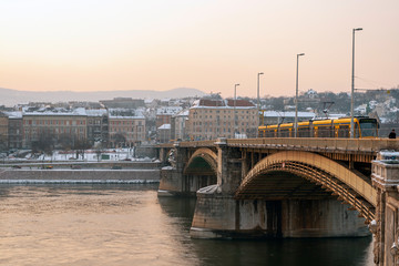Fototapeta na wymiar The Margaret bridge in Budapest, Hungary on a winter day.