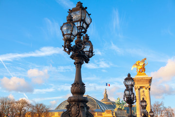 Fototapeta na wymiar street lamps on the famous Alexander Bridge in Paris