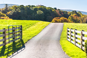 View of road driveway through scenic farm fields land and appalachian mountains in Bath County, Virginia with fence and open gate - Powered by Adobe