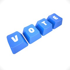 Blue Mechanical Keyboard Keycaps with the letters V, O, T, E that read Vote on Isolated White Background - 3D Illustration