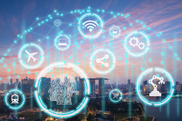 Smart city, wireless technology, communication concept, New generation of Modern city connect with...