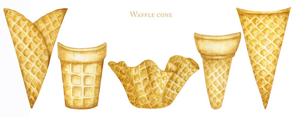 Empty ice cream cones set on white background. Realistic Watercolor illustration Ice-cream cone tasty isolated on white background
