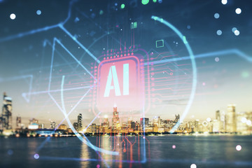 Double exposure of creative artificial Intelligence abbreviation hologram on Chicago office...