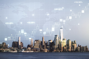 Multi exposure of virtual creative financial graph and world map on New York city skyline background, forex and investment concept