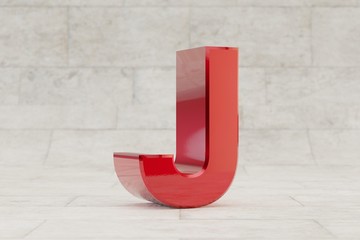 Red 3d letter J uppercase. Glossy red metallic letter on stone tile background. 3d rendered font character.