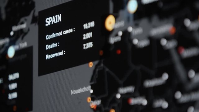 COVID-19, close-up world map coronavirus spreading displayed on tv screen. USA and Europe rack focus. Animated background with counter number of sick, deaths, recovered people in different countries