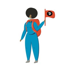 African-American girl courier in a mask, isolated on a white background.A young black women delivers food.Vector illustration in flat style.The concept of delivery.Food delivery to your home.