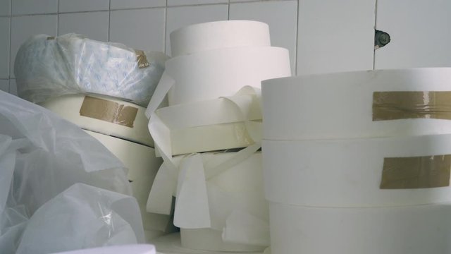 Empty industrial reel of packaging, close up shot, 4K