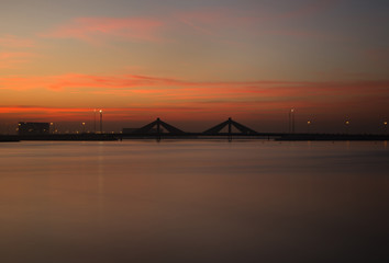 Sheikh Salman Causeway bridge, the design with two sail-like structures depict Bahrains traditional pearl diving