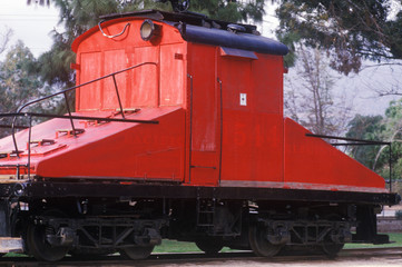 An old-fashioned railroad passenger car is on exhibit at the Travel Town Transportation Museum, Los Angeles, California