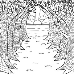 Line art the road under the trees leads to the sea and sunset, for adult coloring page and print on product. Vector illustration