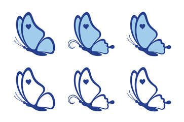 Set of beautiful blue butterflies with hearts isolated on a white background. Silhouette of a butterfly is perfect for wedding invitations, logo and gift vouchers