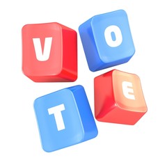 Red and Blue Mechanical Keyboard Keycaps with the letters V, O, T, E that read Vote on Isolated White Background - 3D Illustration