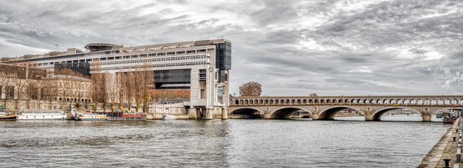 Panoramic of French ministry of finance an Pont de Bercy - Paris, France - obrazy, fototapety, plakaty