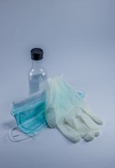 Personal Covid-19 protection kit.Disinfectant gel for hands, surgical mask and protective gloves.