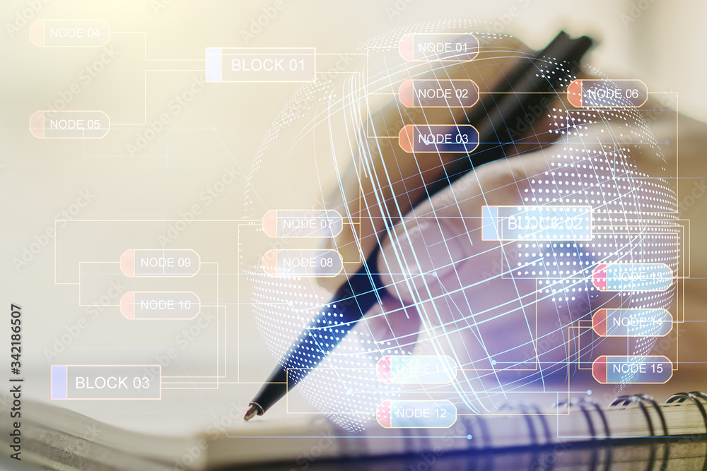 Poster double exposure of abstract creative programming illustration with world map and woman hand writing 