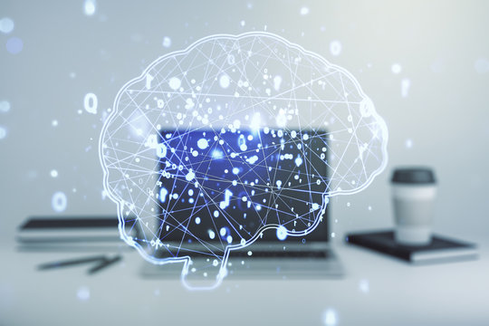 Creative artificial Intelligence concept with human brain hologram on modern laptop background. Multiexposure