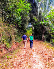 Pareja caminando con las manos juntas