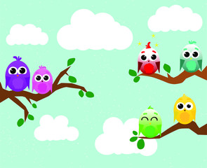 Vector isolate multicolored funny cute little baby birds chicks owlets with different emotions sitting on the trees branches with green leaves.Owls sketch hand drawn drawing illustration.Owl.Emoji.