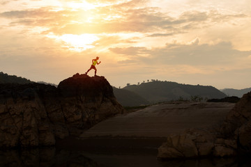 Fototapeta premium mountain, man and success in mountains,Success target symbol