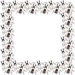 A square frame of hand-drawn isolated elegant little rabbit girls with a blush on their cheeks in long skirts and polka dot jumpers, their portraits with buns of hairstyles, pink carrots. Vector.