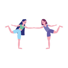 Naklejka na ściany i meble girls holding hands practicing yoga, exercises at home