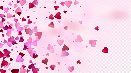 Realistic Hearts Vector Confetti. Valentines Day Tender Pattern. Beautiful Pink Design Valentines Day Decoration with Falling Down Hearts Confetti. Modern Gift, Birthday Card, Poster Background