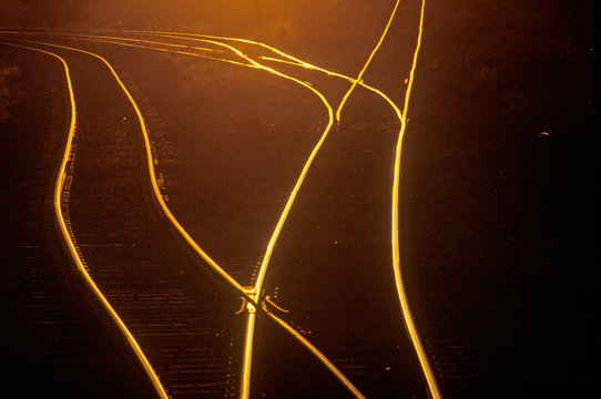 Railroad Tracks Shine At Sunset In East Saint Louis, Missouri