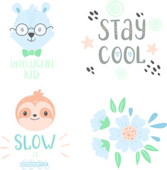 Hand drawn cute doodle animals and lettering. Bear, sloth, flowers, lettering 