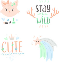 Hand drawn cute doodle animals and lettering. Kitten, star, letterings 