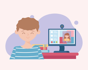 stay at home, boy with computer education online learning
