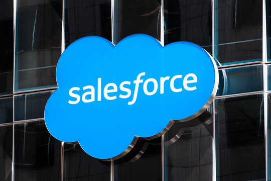 August 21, 2019 San Francisco / CA / USA - Close up of Salesforce logo displayed on one of their towers in downtown San Francisco