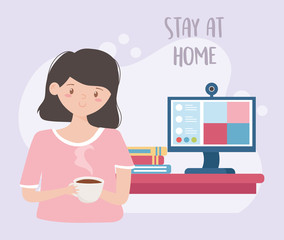 stay at home, woman with coffee cup books and computer studying