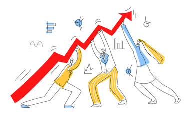 Vector flat illustration with office employees who can hardly lift arrow up. Lines and color are used. Concept anti crisis measures, economic recovery.