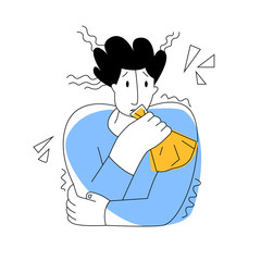 Vector flat illustration with abstract emaciated man who has panic attack and is breathing into bag. Lines and color are used. Concept treatment, relief attack of anxiety disorders.
