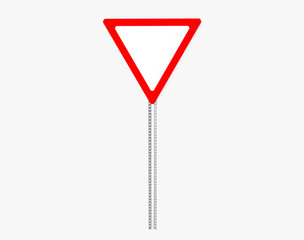 Give way traffic sign with metal pillar. Isolated on white. Clipping path. 3D Rendering.
