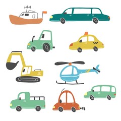 Set of cartoon cute kids and toy style cars and other transport, truck, taxi, police car, fire truck, ship, helicopter, excavator, bus. Isolated vector illustration.