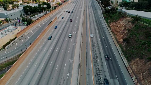 Getty Center and empty Freeway-405 during Coronavirus Covid-19 lockdown, Los Angeles, America. Aerial drone view