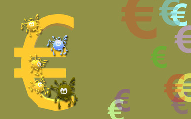 European Union, EU. Euro currency symbol. Simulated virus graphic. Impact of COVID-19 on the economy. 3d illustration with randomly placed coins. Coronavirus outbreak. 