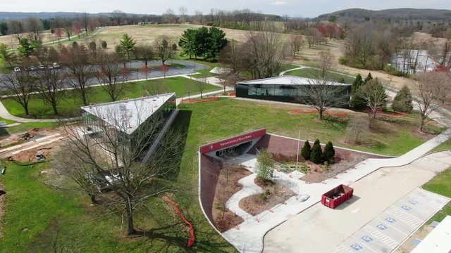 Valley Forge Historical Site, visitors center, descending aerial drone view, battleground location from American Revolutionary War