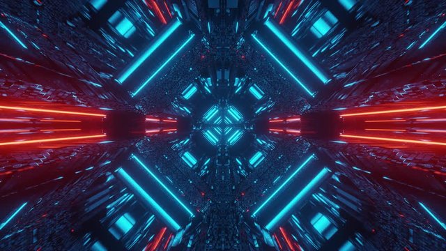Black Wireframe Motion Tunnel with Blue Lights and Mosaic Mirror Reflections
