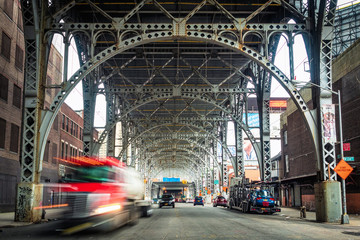 Traffic under architectural landmark Riverside Drive Viaduct in West Harlem, Upper Manhattan, New...