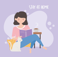 stay at home, young woman eading book and cat cartoon