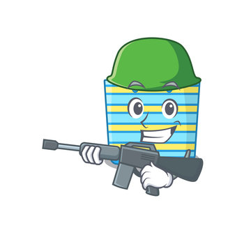 A cartoon picture of beach bag in Army style with machine gun