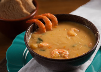 Shrimp soup in a bowl with  toasts. Soup Bowl