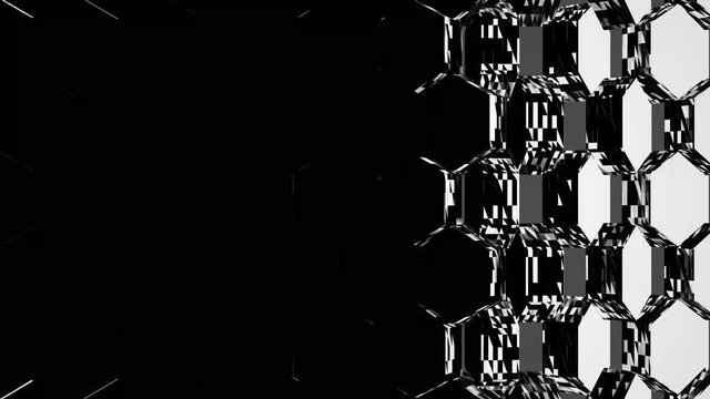 Digital 3D hexagon pattern. 4K Seamless looping rendering of 3D tessellating hexagons flipping with a glitchy digital design. Clean commercial background design. Black minimalist. Honeycomb pattern.