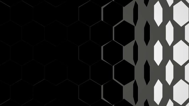 Black and white hexagon pattern. 4K Seamless looping animation of 3D tessellating hexagons flipping. Clean commercial background design. Black minimalist. Honeycomb pattern.