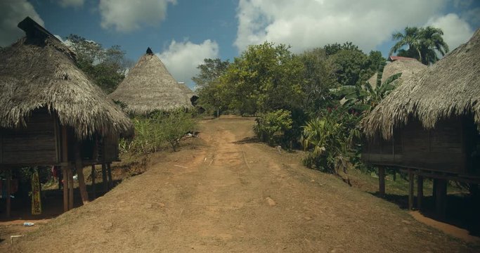 Thatched roof houses of the Embera Tribal Community located on the Chagres River in the rainforest of Panama