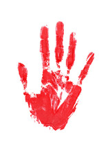 Red watercolor print of human hand on white background isolated close up, handprint illustration, colorful palm and fingers silhouette mark, one hand shape painted stamp, stop sign, drawing imprint