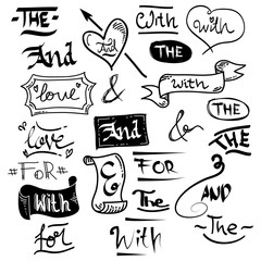 Hand drawn catchwords and ampersands  design elements set. doodle vector illustration